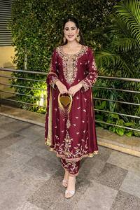 Embroidered Silk Salwar Kameez Set 3 Piece <b>Kurta</b> Palazzo Dupatta <b>Women</b> Wedding Party Outfit - Product Image 3