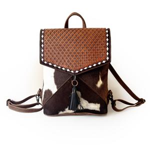 Hand Tooled Carved 100% Genuine Leather Material Women's <b>Backpack</b> With <b>Brown</b> & White Color Soft Hair Fur Adjustable <b>Backpack</b> Bag - Product Image 1