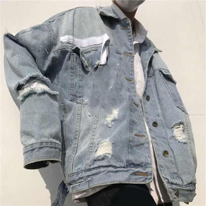 Men's Oversized Distressed Denim <b>Trucker</b> <b>Jacket</b> 100% Cotton Long Sleeve Button Front Breathable Windproof Casual Loose Fit - Product Image 4
