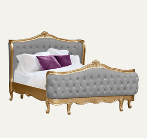 Cama King Size Tapizada en Azul Clásico de Lujo Europeo con Cabecera Acolchada de Madera de Caoba, Ensamblada - Product Image 1