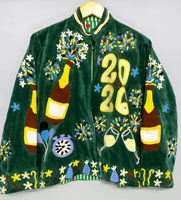Blouson Bomber en Velours Vert, Broderie Épaisse, Tissé Uni, Fermeture Éclair, Col Montant, Vêtement d'Hiver, 100% Polyester, 1000g