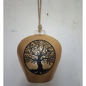 Campana Navideña con Acabado Dorado Antiguo y Cuerda de Yute, Campana Rústica de Metal con Diseño de Árbol de la Vida para Decoración Festiva y del Hogar - Product Image 1