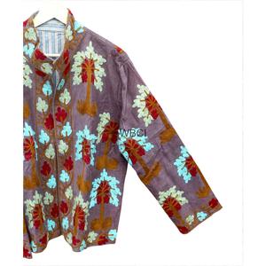 Classy Embroidered <b>Quilted</b> Women <b>Jacket</b> Mandarin Collar Floral <b>Pattern</b> Lightweight Corduroy Coat for Autumn Winter - Product Image 2