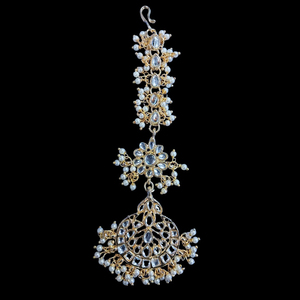 Maang Tikka plaqué or léger et réglable avec pierres Kundan et perles, bijou de mariage ethnique pour femme - Cadeau pour fête et anniversaire - Product Image 1