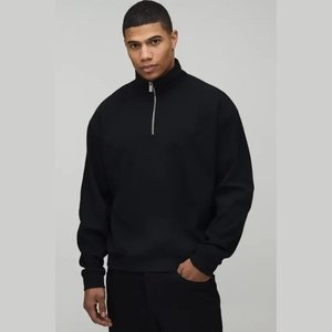 Sweat à capuche pour homme vintage en velours, coupe oversize, épaules tombantes, sans cordon, épais, à demi-zip - Product Image 1