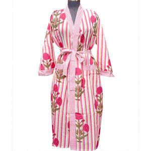 Robe de chambre femme en coton à rayures, coupe kimono décontractée, col en V, avec ceinture, longueur intégrale, pour la maison et la plage - Product Image 1