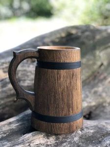 Chope à bière vintage en bois faite à la main avec poignée et bandes métalliques – Vaisselle réutilisable pour fêtes à domicile et taverne - Product Image 4