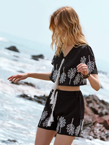 ชุดเซ็ตสองชิ้นผ้าฝ้ายสีดำปักลายสไตล์ลำลองสำหรับฤดูร้อน ทรงเอไลน์ แขนกุด ผ้าชีฟอง รับผลิตแบบ OEM ขายส่งจากอินเดีย - Product Image 4