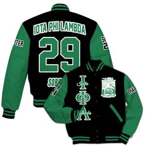 Veste universitaire personnalisée pour femmes Iota Phi Lambda, noire et vert émeraude, avec lettres, écusson, numéro et année, style bomber pour sororité - Product Image 4