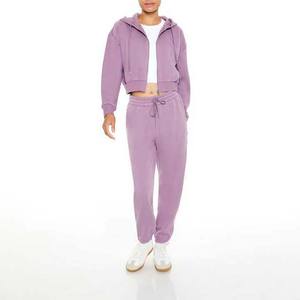 Women's Geo Brothers Lavender <b>Cropped</b> Hooded <b>Zip</b>-<b>Up</b> Sweatshirt Full Sleeve Solid Color Knitted Breathable 100% Cotton Lined - Product Image 2
