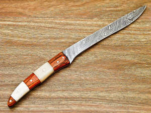 มีดแล่เนื้อเหล็กดามัสกัส ด้ามไม้ ปลายแหลม คมตรง สำหรับครัวและตกปลา - Product Image 4
