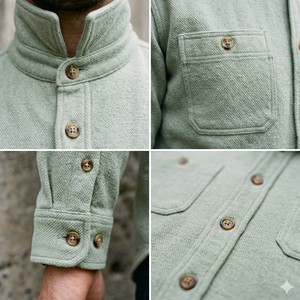 Chemise-veste décontractée pour homme en coton épais 100 %, vert sauge pâle, col épais, boutonnée, style streetwear - Product Image 4