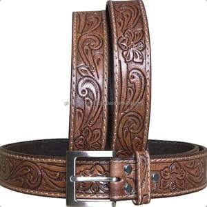 Ceinture en cuir pour homme de style western, de qualité exceptionnelle, sculptée à la main, avec un motif en osier, gaufrée, noire et marron - Product Image 2