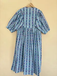 Boho Midi <b>Dress</b> with Floral Striped Hand Block Print Short Puff Sleeve <b>Loose</b> Fit Cotton Summer Casual <b>Dress</b> For Women - Product Image 2