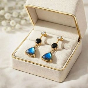 Labradorite Trillion Cut & Black Obsidian Round Faceted Drop <b>Earrings</b> With CZ Accent Elegant Labradorite Gemstone <b>Stud</b> <b>Earrings</b> - Product Image 1