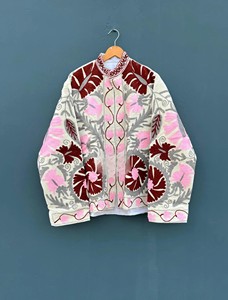 Hand-Embroidered Suzani <b>Jacket</b> Vintage Uzbek Floral Motif Cotton Outerwear Bohemian Style <b>Mandarin</b> <b>Collar</b> Cropped Coat for Women - Product Image 1