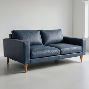 Sofá Moderno de Mediados de Siglo, Tapizado en Cuero Genuino Azul, Muebles para Sala de Estar, Asientos para Cafetería o Restaurante - Product Image 1