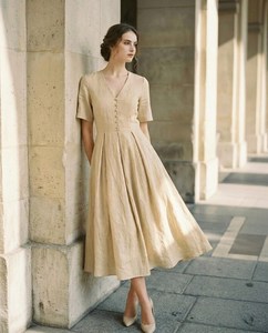 เดรสผ้าลินินราคาส่งที่ดีที่สุด คอวี ติดกระดุมด้านหน้า แขนสั้น ทรงเอไลน์ ชุดคลุมชายหาด เสื้อผ้าผู้หญิง - Product Image 5