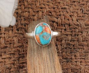 Anillo de Turquesa y Concha de Ostra Espinosa Natural en Plata de Ley 925, Estilo Boho Clásico para Mujer, Anillo de Boda, Joyería Fina Hecha a Mano - Product Image 1