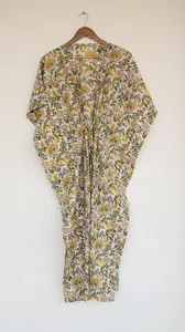 Robe longue kaftan blanche à imprimé floral jaune pour femmes, coupe ample, col en V, coton, style bohème, robe d'été - Product Image 5