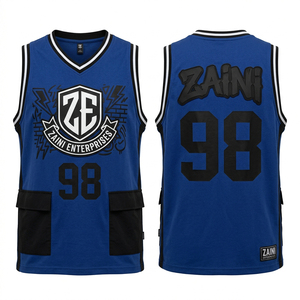 Maillot de basket-ball unisexe en maille interlock 100% polyester de qualité supérieure 220 GSM, bleu royal avec panneaux latéraux noirs, sublimation personnalisée en silicone - Product Image 1