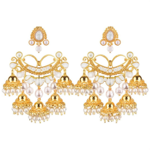 Chandbali Designer Chandelier <b>Earrings</b> with <b>Pearl</b> <b>and</b> <b>Diamond</b> Tassel Jhumka Gungurus - Product Image 2