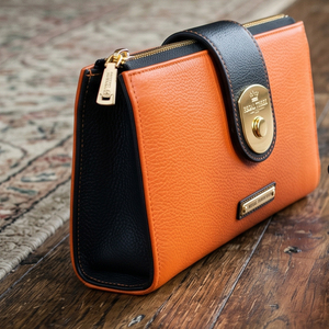 Pochette en cuir mini Regal Three LLC, orange et noir, style vintage, fermeture éclair, sac à main en cuir pour femme - Product Image 1