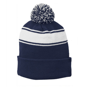 Unisex <b>Navy</b> Blue Striped Beanie With Pom-Pom Knit Winter <b>Hat</b> Casual Adult Size 56-58CM - Product Image 6