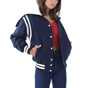Veste universitaire unisexe bleu clair et blanc, coupe classique, blocs de couleur, col rabattu, fermeture boutonnée, décontractée, automne, longueur courte - Product Image 2