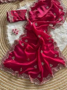 <b>Red</b> color Indian Summer Wedding Party Wear Bridal Saree Fancy Bollywood Designer Heavy <b>Silk</b> Thread Diamond Work Quick Dry - Product Image 2