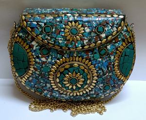 Nouveau design de sacs métalliques à la mode vintage Pochette en cuir denim à motif de mosaïque colorée en pierre bleue Pochette de soirée attrayante - Product Image 6