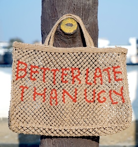 Crochet Women's Jute Tote Bag Diamond Lattice Pattern Letter Bonjour Bohemian Autumn <b>Water</b> Resistant Zip Closure Lightweight - Product Image 3
