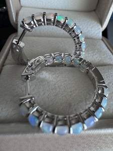 Boucles d'oreilles créoles opale, pierre précieuse naturelle à l'intérieur et à l'extérieur, en argent sterling, bijoux fins pour femmes - Product Image 2