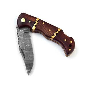 Couteau pliant en acier Damas forgé à la main, manche en bois de rose, étui en cuir, couteau de poche EDC pour la chasse et le camping - Product Image 2