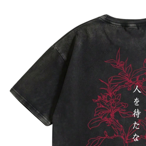 T-shirt graphique noir délavé 100 % coton grande taille col rond manches courtes motif floral streetwear décontracté vente en gros - Product Image 4