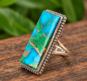 Anillo de Plata con Dalia y Turquesa, Anillo Rectangular con Piedras Preciosas Coloridas, Anillo de Estilo Bohemio Vintage para Mujer, Regalos - Product Image 4