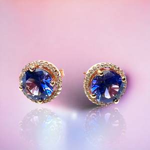 Boucles d'oreilles vintage en Tanzanite avec halo, fabriquées à la main en argent sterling 925 plaqué or rose 14 carats, vermeil, cadeau de mariage et pierre de naissance de décembre - Product Image 6