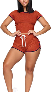 Conjunto Deportivo de 2 Piezas para Mujer, Top de Manga Corta con Cuello Redondo y Pantalones Cortos con Cordón, Estilo Casual de Verano, Transpirable, 100% Algodón - Product Image 5
