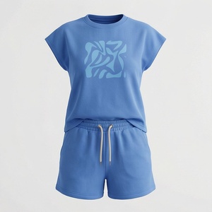 Ensemble décontracté bleu 2 pièces pour femme : T-shirt à manches courtes et short au-dessus du genou à imprimé géométrique, coupe ample, idéal printemps-été - Product Image 1