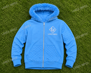 เสื้อแจ็คเก็ตมีฮู้ดประดับเพชรพลอยสีฟ้าสำหรับผู้ชาย พร้อมฮู้ดขนเฟอร์เทียม แขนเสื้อและกระเป๋าประดับหมุด ซิปยาวเต็มตัว สไตล์แฟชั่นสตรีทแวร์ - Product Image 6
