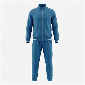 Ensemble de survêtement bleu pour homme, manches longues, col montant, fermeture éclair sur le devant, couleur unie, respirant, coupe décontractée, vêtements d'automne - Product Image 1