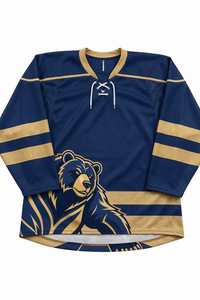 Jersey de Hockey sobre Hielo Sublimado Personalizado para Hombre, Manga Larga, Logotipo de Oso, Azul Marino y Dorado, Ropa Deportiva Transpirable de Poliéster - Product Image 1