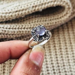 Bague vintage fleurie en argent plaqué 925, pierre précieuse, bague de fiançailles, améthyste, pour femme - Product Image 1