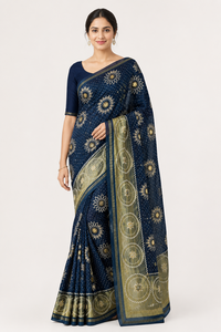 Sari indien traditionnel bleu marine imprimé pour femme, avec bordure tissée, idéal pour les fêtes – Fournisseur OEM - Product Image 1