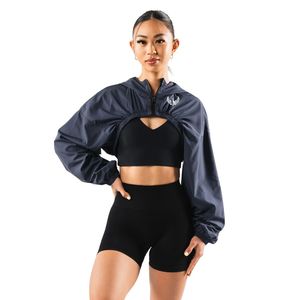 Women's Navy Blue Cropped Windbreaker <b>Jacket</b> Lightweight Full Zip Gym <b>Workout</b> Running Activewear Long Sleeve Sports <b>Jacket</b> - Product Image 1