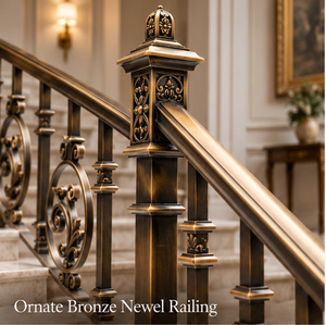 Rampe en bronze classique avec poteaux décoratifs et balustres ovales à volutes, main courante et balustrade en métal - Product Image 4