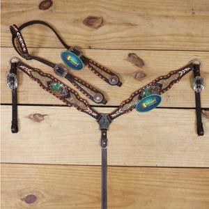 Conjunto de cabezada de una oreja y correa de pecho ajustable de cuero genuino, accesorios ecuestres occidentales con revestimiento de pelo de vaca - Product Image 1