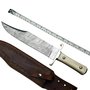 Couteau Bowie en acier Damas fait main avec manche en os de chameau blanc, lame à motifs argentés, étui en cuir marron pour la chasse en plein air - Product Image 5