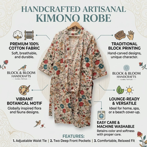 Robe kimono en coton artisanal à fleurs pour femme, peignoir à manches longues, vêtement de détente, peignoir de bain avec ceinture et poches - Product Image 2