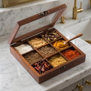Caja de especias de madera con tapa de vidrio y nueve compartimentos para almacenamiento en la cocina, diseño tradicional tallado. - Product Image 2